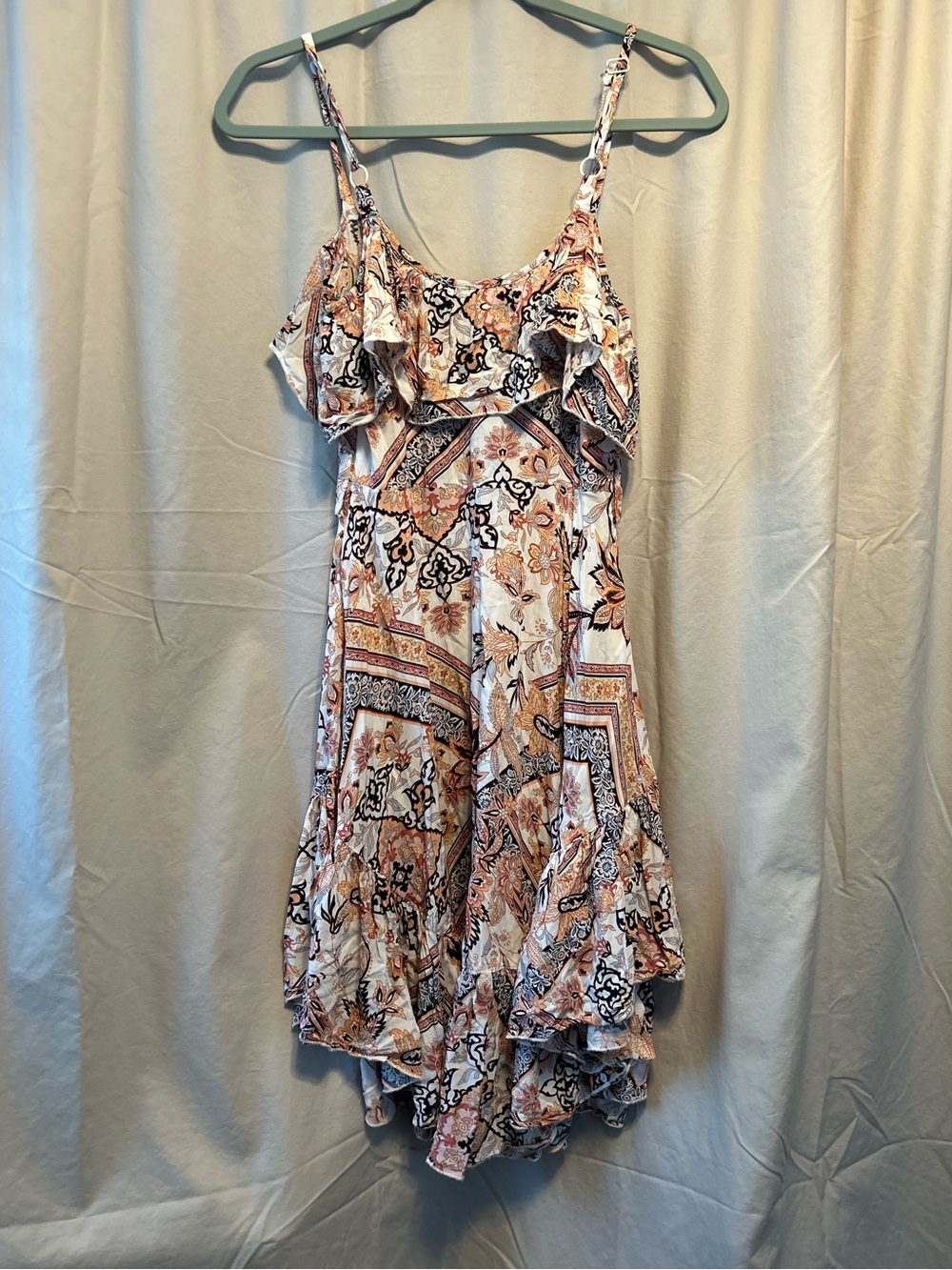 Boho Paisley Ruffle Mini Dress in Peach-Cream
